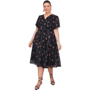 Trendyol Meerkleurige-Rode Tropische Bladpatroon Chiffon Dubbelrijige Geweven Jurk Tbbss24Ah00154