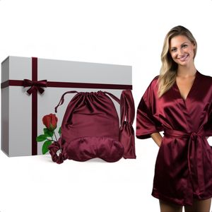 Moondrops - Giftset vrouw - Satijn - 6-delig - Kimono - Slaapmasker - Moederdag Pakket - Cadeau voor vrouw - Inclusief geschenkdoos - Rood
