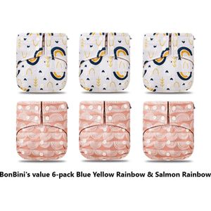 BonBini's luiers - wasbare luiers 6-pack Salmon rainbow, blue yellow rainbow 3-15 kg - luierbroekje - dubbele antilek preventie - drukknoopjes  en verstelbaar maat S, M, L maat 1 t/m 5 NEW 6 pack