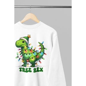 Foute kersttrui - Tree rex - Wurban Wear | 18+ | Grappige sweater | Leuk cadeau | Unisex sweater | Oversized sweater | Kersttrui heren | Foute kerstkleding | Kerst sweater | Kerst diner | Kersttrui dames | Foute kersttruiendag 2025 | Wit