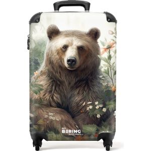 NoBoringSuitcases.com® - Handbagage koffer lichtgewicht - Reiskoffer trolley - Bruine beer zit tussen de bloemen en planten - Rolkoffer met wieltjes - Past binnen 55x40x20 en 55x35x25