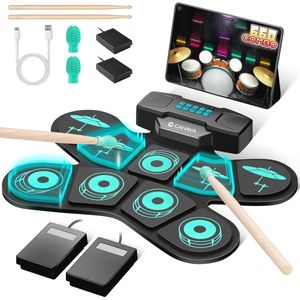 Elektronische drumpadset - 9 draagbare oefenpads met luidspreker, drumsticks en voetpedalen