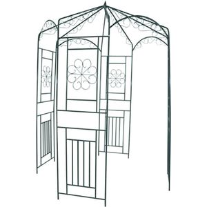 <p>Deze prachtige tuinboog is gemaakt van weerbestendig smeedijzer en biedt een stabiele basis voor rozen en andere klimplanten. De boog heeft mooie ornamenten die zorgen voor een romantische uitstraling. Met zijn paviljoenontwerp is deze boog perfect om schaduw te bieden in de zomer.</p>
<p>De metalen boog heeft een hoogte van 250 cm en een breedte van 160 cm, gemeten van de ene naar de andere hoek.</p>
<ul>
  <li>Hoogte boog: 250 cm</li>
  <li>Breedte boog: 160 cm</li>
  <li>Materiaal: smeedijzer</li>
  <li>Kleur: donkergroen</li>
  <li>Weerbestendig</li>
</ul>