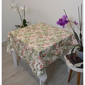 Tafelkleed 140x140 cm vierkant - Bedrukt Velvet Textiel - Pastel roze bloemen - Tafellaken - De Groen Home