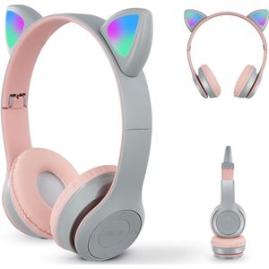 StayPowered Kinderhoofdtelefoon - Perfect voor Muziek en Gaming - LED Kattenoren - Draadloos - Verstelbaar en Opvouwbaar - Zachte Oorkussens - Ingebouwde Microfoon - Geschikt voor Kinderen - Grijs/Roze - Levering Sneller dan Aangegeven!
