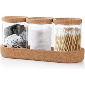 Wattenstaafjeshouder, kurken hoes wattenschijfjesdispenser met basishouder voor badkamer wattenstaafjesopslag - transparant