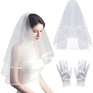 Een witte sluier 80 cm - korte witte satijnen handschoenen - bruidsaccessoires - party fotobanket - bruidssluier tule en kam - wit - One Size .