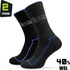 Merino Wol Sokken Heren 2 paar - Maat 40-45 - Thermosokken - 40% Merino Wol - Wollen Sokken Heren - Warme Sokken - Zwart/Blauw - 94Activewear