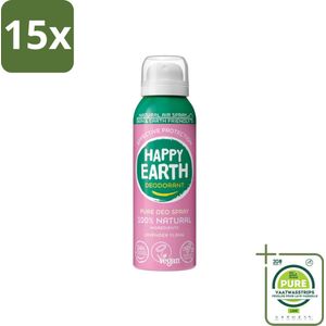 15 x Happy Earth – Deodorant Spray – 100% Natuurlijk Lavender Ylang – 100 ml - Grootverpakking - Natuurlijke Deodorant Spray - Luchtige Deodorant - Duurzame Deodorant - Lavendel En Ylang-ylang - Huidvriendelijke Deodorant