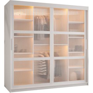 Zweefdeurkast Kledingkast met 2 schuifdeuren glanzen slaapkamerkast Kledingstang met planken Garderobekast met geribbeld glas - ARTON (180 cm, Wit)