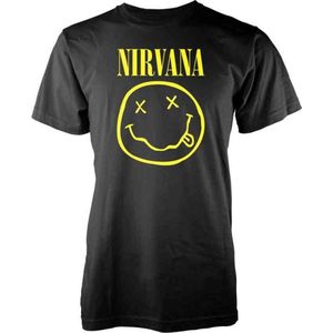 Nirvana - Yellow Happy Face Heren T-shirt - L - Zwart