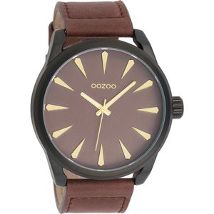 OOZOO Timepieces - Zwarte horloge met bruine leren band - C8227