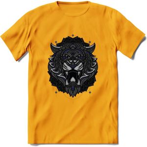 Tijger - Dieren Mandala T-Shirt | Donkerblauw | Grappig Verjaardag Zentangle Dierenkop Cadeau Shirt | Dames - Heren - Unisex | Wildlife Tshirt Kleding Kado | - Geel - XXL