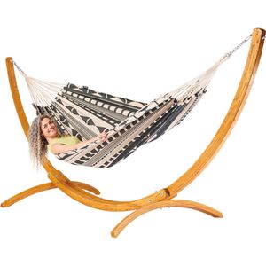 Luilak 2 persoons hangmat met houten standaard - 100% Katoen - 350x160cm - 160kg draagkracht - binnen & buiten - Ecru, Zwart