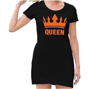 Zwart  jurkje met  oranje Queen en kroon - jurkje dames - Zwart Koningsdag kleding S