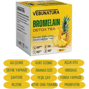 VEBUNATURA Bromelaïne Detox Afslank Thee 150 gr. positief effect op het spierteringsstelsel, het hart door bloedstolsels te voorkomen, de bloedcirculatie te vergroten, antibiotische en schimmelwerende effecten, het immuunsysteem, forx5