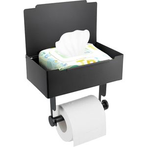 1-delige set - Matzwarte toiletrolhouder - met beugels en bakje - boren niet nodig - Zelfklevende toiletrolhouder - houdt vochtige doekjes, tampons, vuilniszakken, accessoires voor badkamerdoekjeshouders vast, ruimtebesparend en handig opruimen