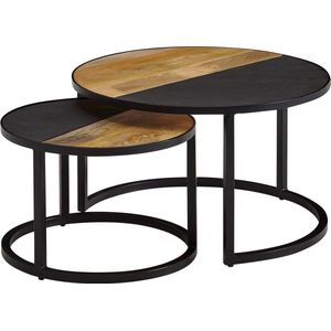 Rootz salontafel - set van 2 ronde stenen salontafels - modern design bijzettafel - ronde woonkamertafels - houten tafel met metalen nesttafels - massief mangohout