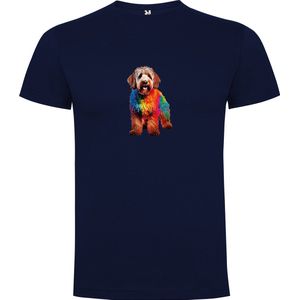 Donker Blauw T-Shirt met “Kleurrijke Staande Labradoodle “ Print Full Color maat 104 / 3/4 jaar