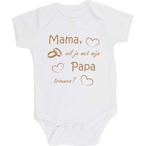 100% katoenen Romper bedrukt met grappige tekst Kado Cadeau Huwelijksaanzoek Aanzoek Huwelijk ""Mama wil je met mijn papa trouwen"" 2.0 Unisex Katoen Wit/cappuccino Maat 62/68