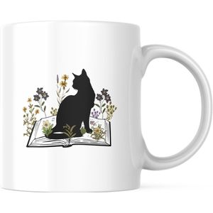 Cat Lover Mok: Kat met bloemen en boek | Katten Liefhebber | Cadeau | Grappige mok | Koffiemok | Koffiebeker | Theemok | Theebeker