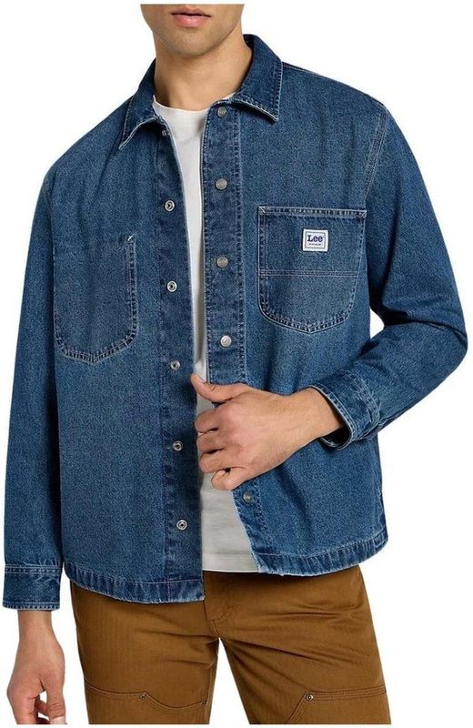 Cotton Long-Sleeve Button-Up Shirt with Visible Logo - Blue