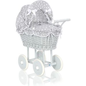 Rieten poppenwagen met grijs beddengoed en vulling - grijs