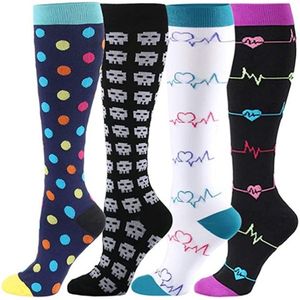 4 paar Interessante patronen compressiekousen voor dames en heren, kniekousen met aflopende ondersteuning voor reizen en vluchten(S-M)