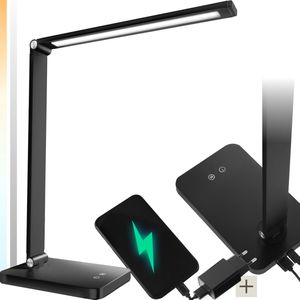 tectake® Bureaulamp LED – Dimbaar en 5 kleurtemperaturen - Bedlampje, leeslamp, tafellamp - Opvouwbaar, verstelbaar, touchpaneel en USB-aansluiting - 5W - zwart