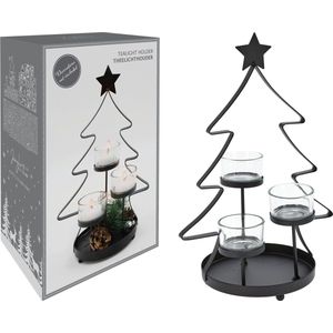 Homestyle Kerstboom Theelichthouders - Branders - 19x14x29.5 cm Zwart