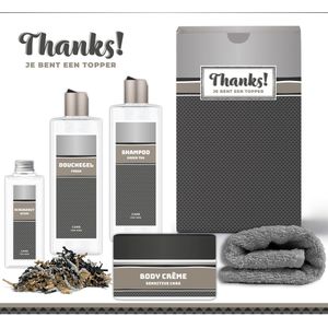 Geschenkset ""Thanks! Je bent een topper"" - 5 Producten - 920 Gram | Giftset voor hem - Luxe cadeaubox man - Douchegel - Shampoo - Scrubzout - Bodycrème - Vader - Wellness - Pakket - Cadeau set - Bedankt - Thank You - Broer - Vriend - Collega - Zilver