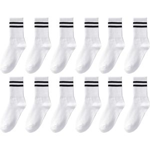 6 paar witte sportsokken, damessokken, ademende katoenen sokken, vrijetijdssokken, crew-sokken, twee-stap-strepen-design, fitnessbenodigdheden, wit, One size