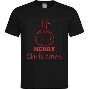 T-shirt Unisex Volwassenen Kerst Kerstmis Man Vrouw Grappig Tekst ""Merry Christmas met middelvinger"" Op Voorkant | korte mouw | Zwart/Rood | maat XL