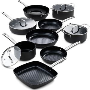 ISENVI Murray Chef Culinair set - Pannenset 9 delig - RVS grepen - Antraciet - Keramisch - 100% PFAS, PTFE en PFOA vrij - 100% duurzaam - Unieke Antiaanbaklaag - Non-stick bodem - Vaatwasbestendig - Geschikt voor alle warmtebronnen inclusief inductie