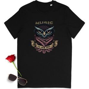 T shirt met uil en quote - Music is my life - Dames en heren tshirt met print - Unisex maten: S t/m 3XL - Kleuren: zwart, blauw en bordeaux rood.