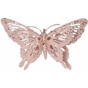 Cosy & Trendy Kerstboomversiering roze glitter vlinder op clip 15 cm