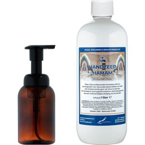 Zeepdispenser 300 ml amber bruin hervulbaar + 1 liter Handzeep Hamam navulling