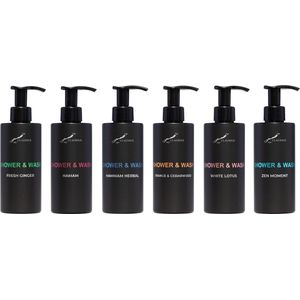 Shower & Wash Set - Fresh Ginger + Hamam + Hammam Herbal + Sweet Orange & Cedarwood + White Lotus en Zen Moment - Claudius Cosmetics - bodycare - luxe fles - set van 6 stuks - Cadeau - giftset voor hem en haar