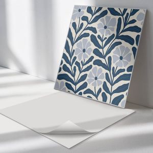Wallfluent Vinyl Wandpaneel - Bloemen plantenpatroon Zelfklevend Wandpaneel - 50 cm x 50 cm - Marine PVC wandpaneel - Set van 4 - Vierkant Wandbekleding Vinyl - Bloemen Wandpaneel - PVC Muurpaneel - Wandpaneel Keuken en Badkamer