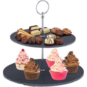 Relaxdays cupcake standaard - 2 laags - leisteen - 25 cm - met handgreep - high tea