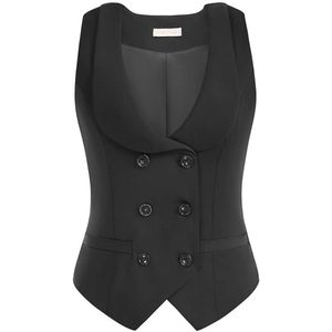 Damesvest met gebogen revers en V-hals - geruit vest met twee zakken