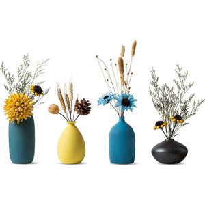 Kleine keramische vazen voor bloemen Decoratieve vaas set voor de woonkamer Mini handgemaakte mat vazen voor tafeldecoratie Moderne marineblauwe groene gele hemelsblauwe zwarte kleur vazen set van 4.