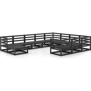 vidaXL Loungeset - 11-delig - Massief Grenenhout - Zwart Tuinset - Lounge Set - Houten Tuinset - Grenenhout - Zwarte Tuinset