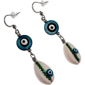60mm Lange Orbellen Dames - RVS - Haakoorbellen met Turquoise Groene Schelp Versierd met Zwart Turkse Oog - Handgemaakt