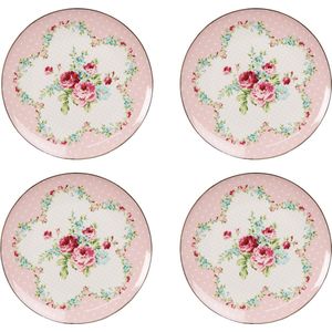 HAES DECO - Ontbijtborden set van 4 - Formaat Ø 21x2 cm - kleuren Roze - Bedrukt Porselein - Collectie: Pink Elegance - Servies, kleine borden