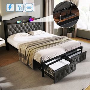 Sweiko Gestoffeerd bed met USB Type C oplaadfunctie en laden, eenpersoonsbed 160 x 200 opbergbedden Bed frame met lattenboden gemaakt van metalen frame, Donkergrijs (zonder matras)