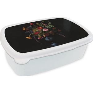Broodtrommel Wit - Lunchbox Bloemen - Bessen - Klassiek - Brooddoos 18x12x6 cm - Brood lunch box - Broodtrommels voor kinderen en volwassenen