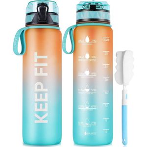 Waterfles 1 liter sportwaterfles [BPA-vrij] drinkfles met antislip rubberen handgreep geschikt voor fiets, buiten, school, sportschool