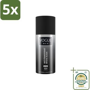 5 x Vogue Anti-Transpirant Mystic Black 150 ml - Grootverpakking - Anti-transpirant - Deodorant Spray - 48 Uur Bescherming - Mannelijke Geur - Patchouli