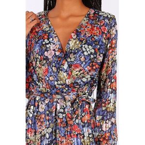 Lange beeldige jurk met bloemenpatroon - blauw - maat S
